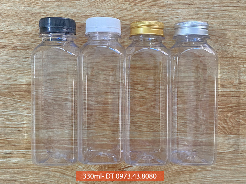 Chai nhựa vuông 330ml miệng rộng có 2 loại nắp nhôm và nắp nhựa với 4 màu : bạc, vàng, đen , trắng